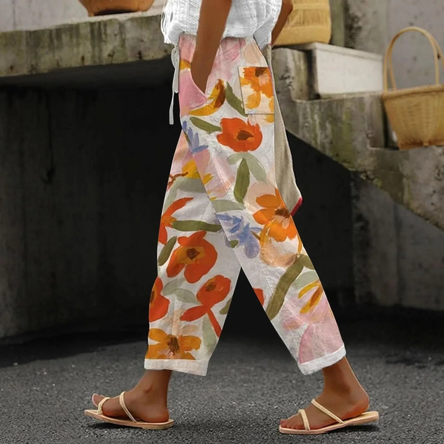 LCMTWX Flowy Linen Pants for Women 2025 Drawstring Pants Capri Pants 2025 Pants with Pockets Wide Leg Cropped Pants Cotton
