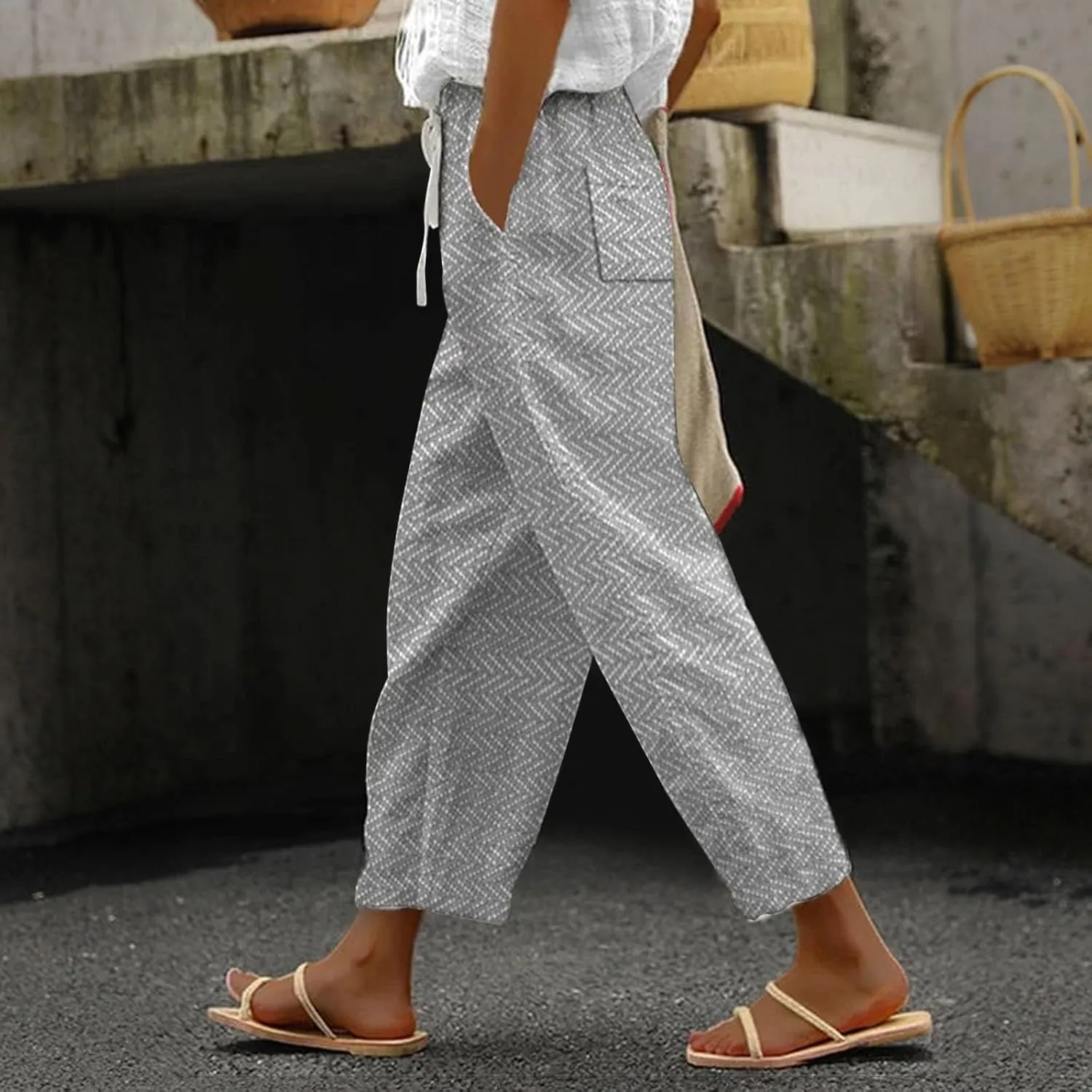 LCMTWX Flowy Linen Pants for Women 2025 Drawstring Pants Capri Pants 2025 Pants with Pockets Wide Leg Cropped Pants Cotton
