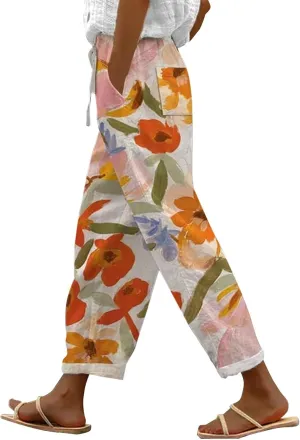 LCMTWX Flowy Linen Pants for Women 2025 Drawstring Pants Capri Pants 2025 Pants with Pockets Wide Leg Cropped Pants Cotton