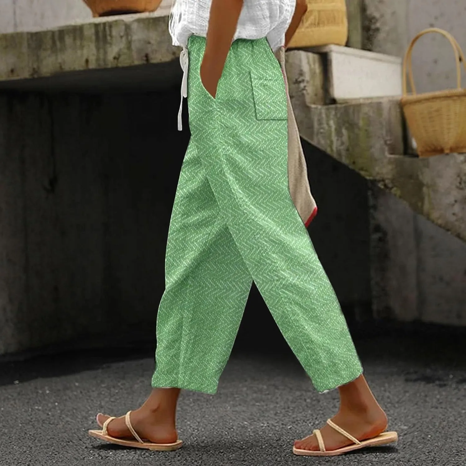 LCMTWX Flowy Linen Pants for Women 2025 Drawstring Pants Capri Pants 2025 Pants with Pockets Wide Leg Cropped Pants Cotton