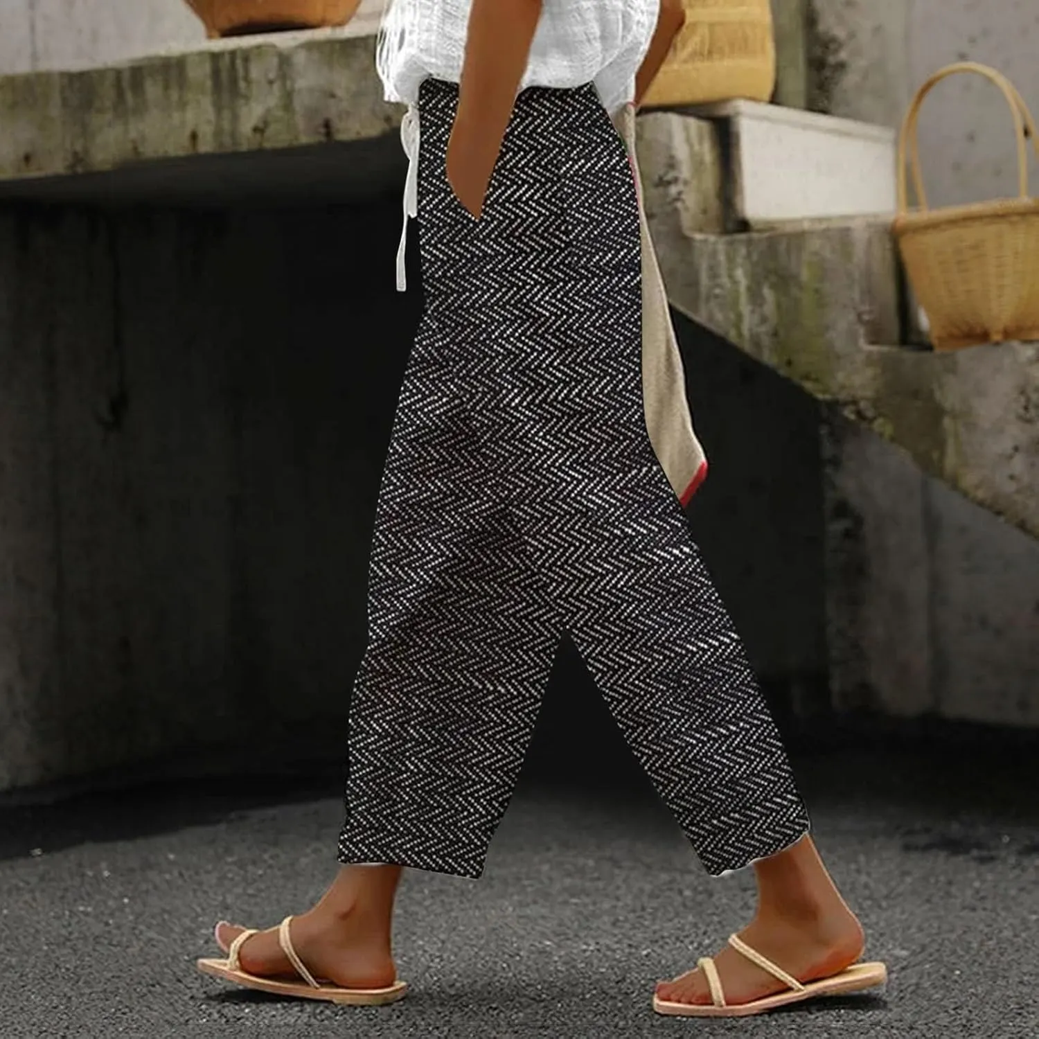 LCMTWX Summer Linen Pants 2025 Casual Drawstring Pants Capri Pants 2025 Pants with Pockets Wide Leg Cropped Pants Womens