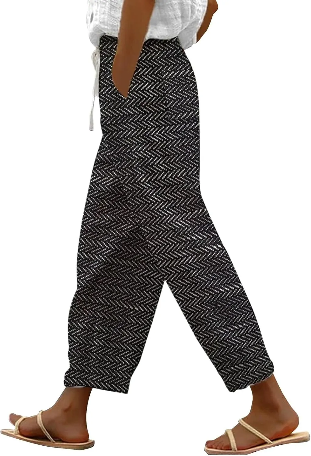 LCMTWX Summer Linen Pants 2025 Casual Drawstring Pants Capri Pants 2025 Pants with Pockets Wide Leg Cropped Pants Womens