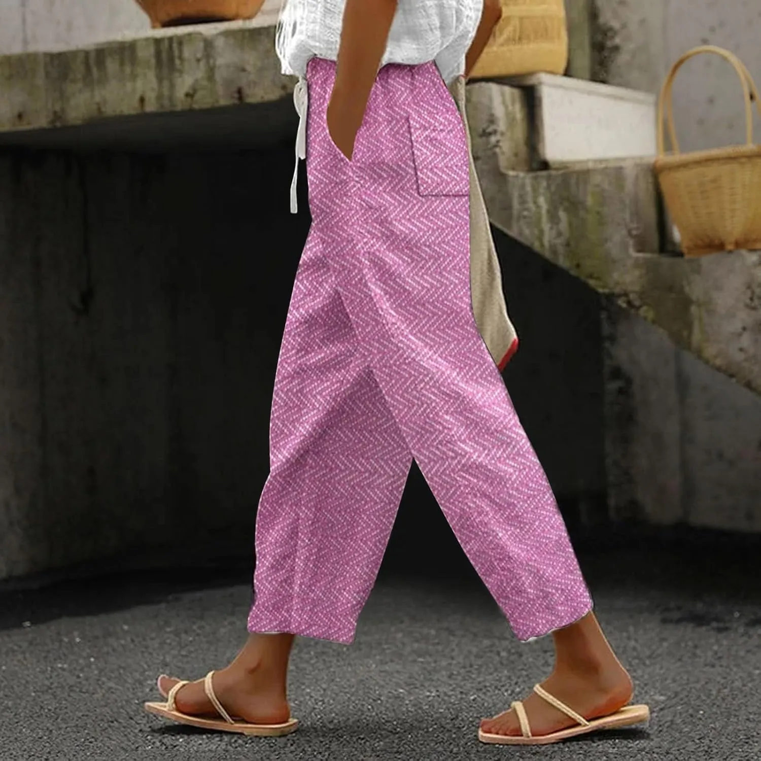 LCMTWX Summer Linen Pants 2025 Casual Drawstring Pants Capri Pants 2025 Pants with Pockets Wide Leg Cropped Pants Womens