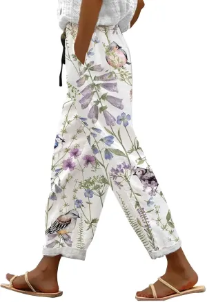 LCMTWX Womens Linen Pants Waist Cropped Casual Pants Gauza Pants White Cargo Pants White Linen Capris for Capri Pants for
