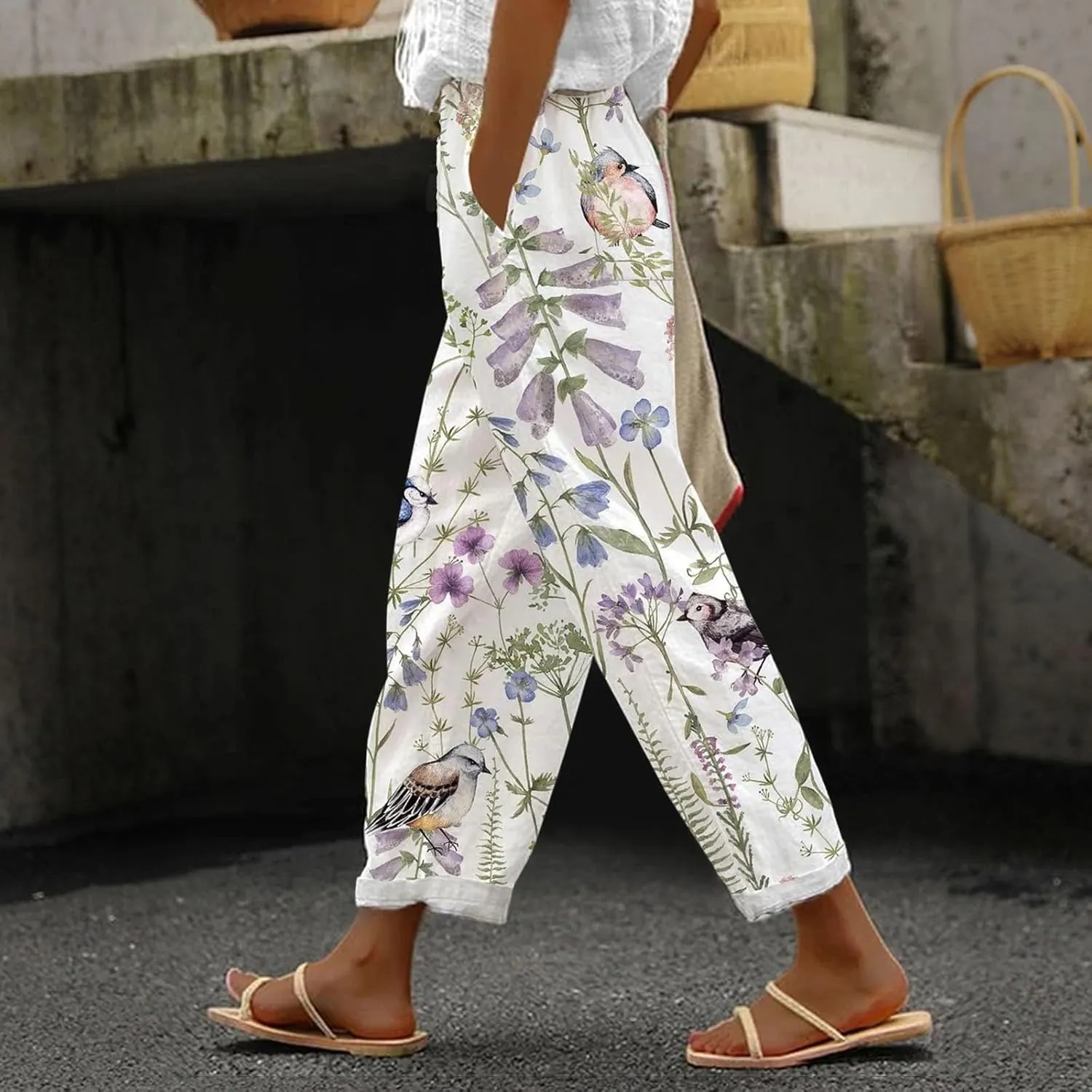LCMTWX Womens Linen Pants Waist Cropped Casual Pants Gauza Pants White Cargo Pants White Linen Capris for Capri Pants for