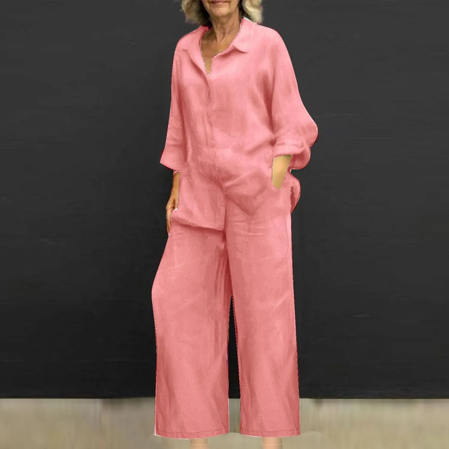 Linen 2 Piece Sets For Women Summer 2024 Loose Long Sleeve Shirts Wide Leg Pant Matching Set Plus Size Vacation Outfits
