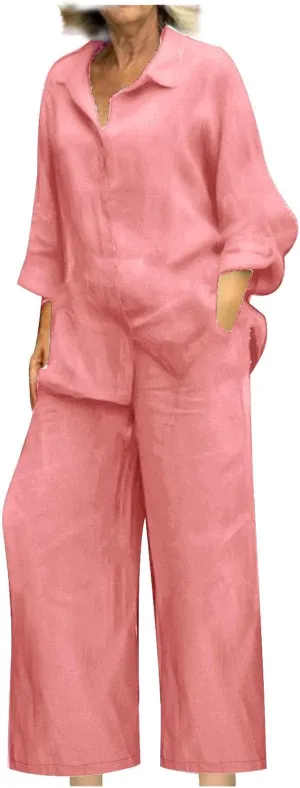 Linen 2 Piece Sets For Women Summer 2024 Loose Long Sleeve Shirts Wide Leg Pant Matching Set Plus Size Vacation Outfits