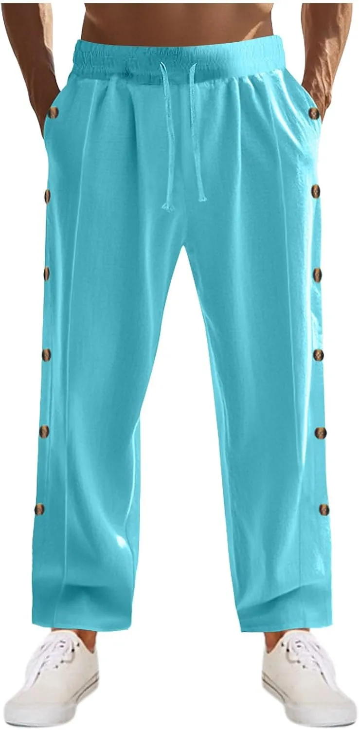 Linen Pants Mens Casual Pants Relaxed-Fit Beach Pants Summer Trousers Soft Elastic Waist Pants