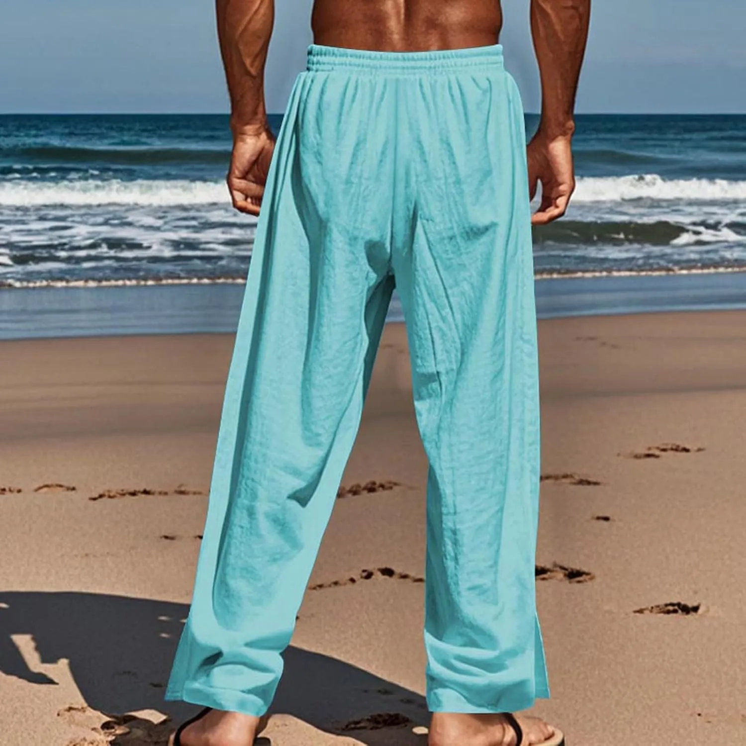 Linen Pants Mens Casual Pants Relaxed-Fit Beach Pants Summer Trousers Soft Elastic Waist Pants