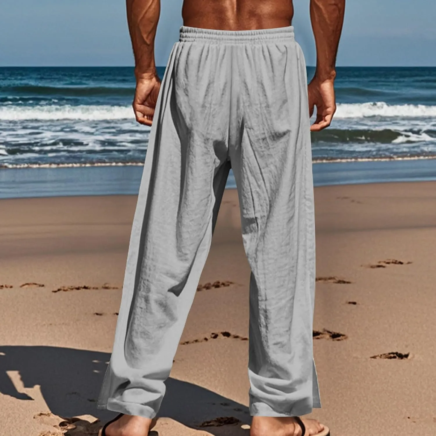 Linen Pants Mens Casual Pants Relaxed-Fit Beach Pants Summer Trousers Soft Elastic Waist Pants