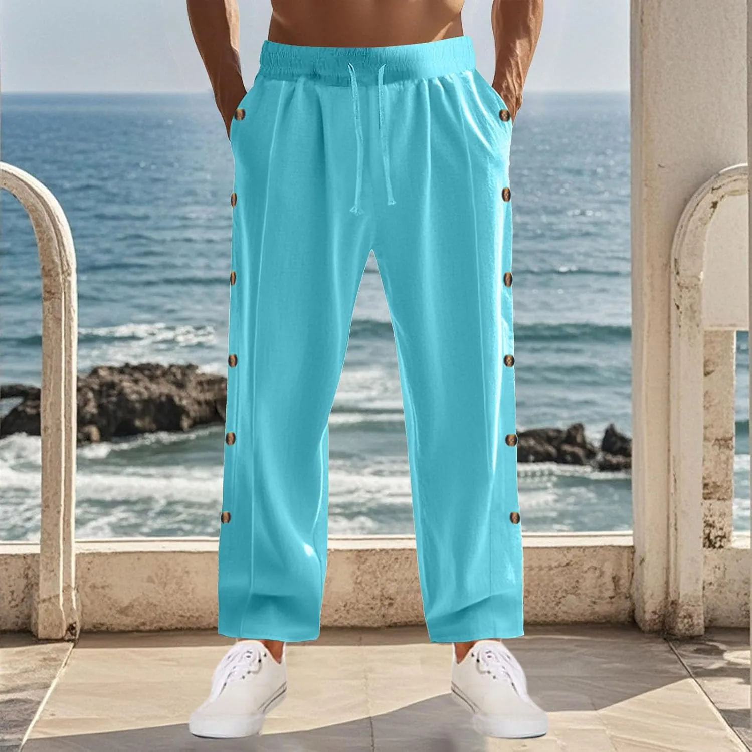 Linen Pants Mens Casual Pants Relaxed-Fit Beach Pants Summer Trousers Soft Elastic Waist Pants
