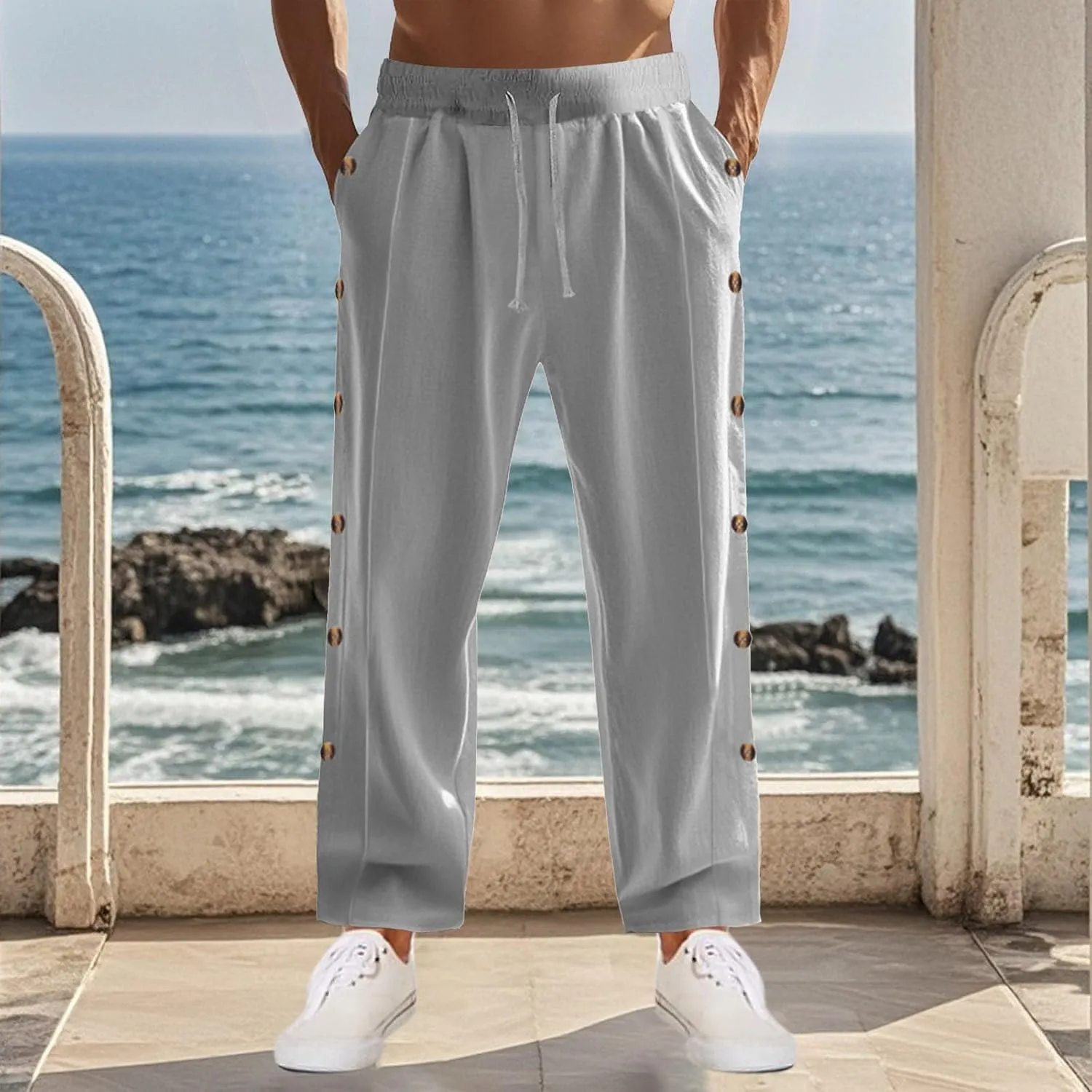 Linen Pants Mens Casual Pants Relaxed-Fit Beach Pants Summer Trousers Soft Elastic Waist Pants