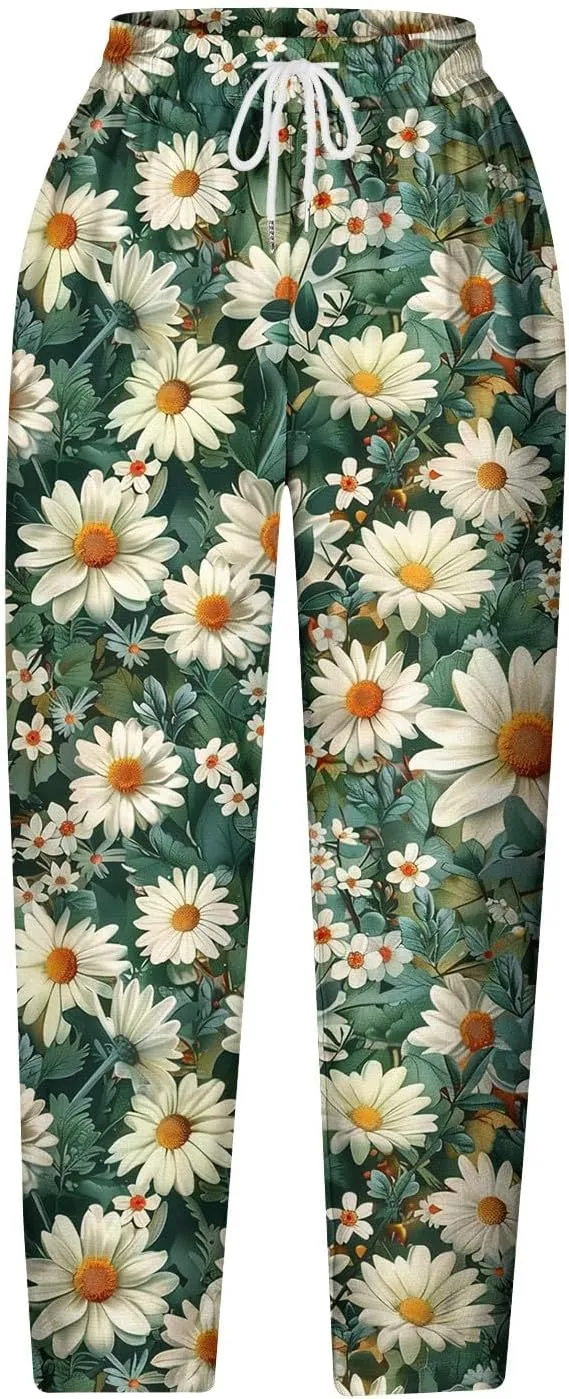 Linen Pants Women Casual Summer Harlan Pants Lightweight Wide Leg Gradient Color Trousers with Drawstring Pockets