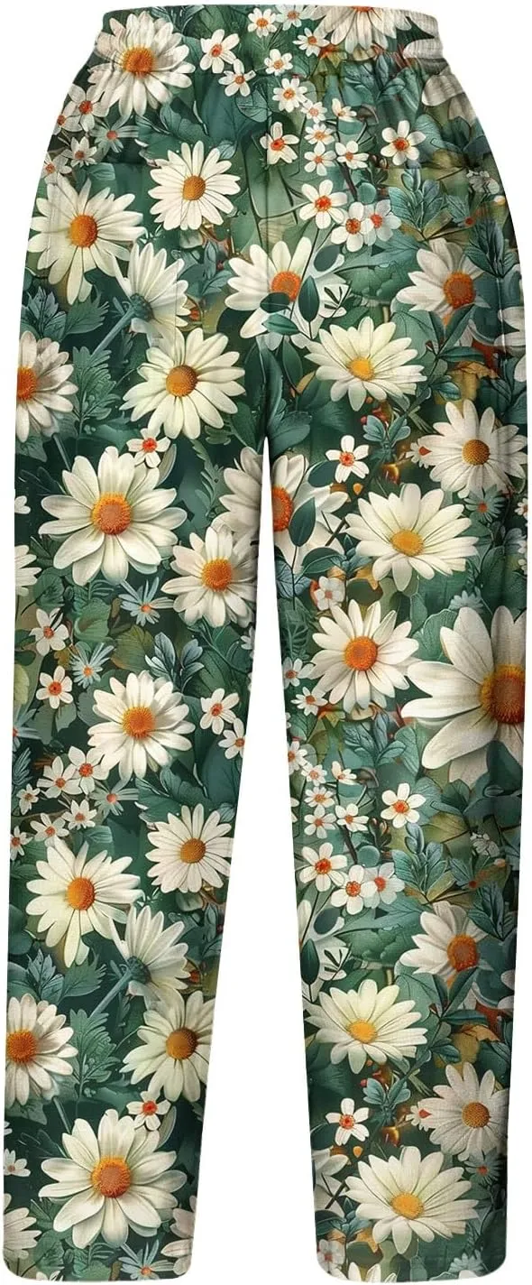 Linen Pants Women Casual Summer Harlan Pants Lightweight Wide Leg Gradient Color Trousers with Drawstring Pockets