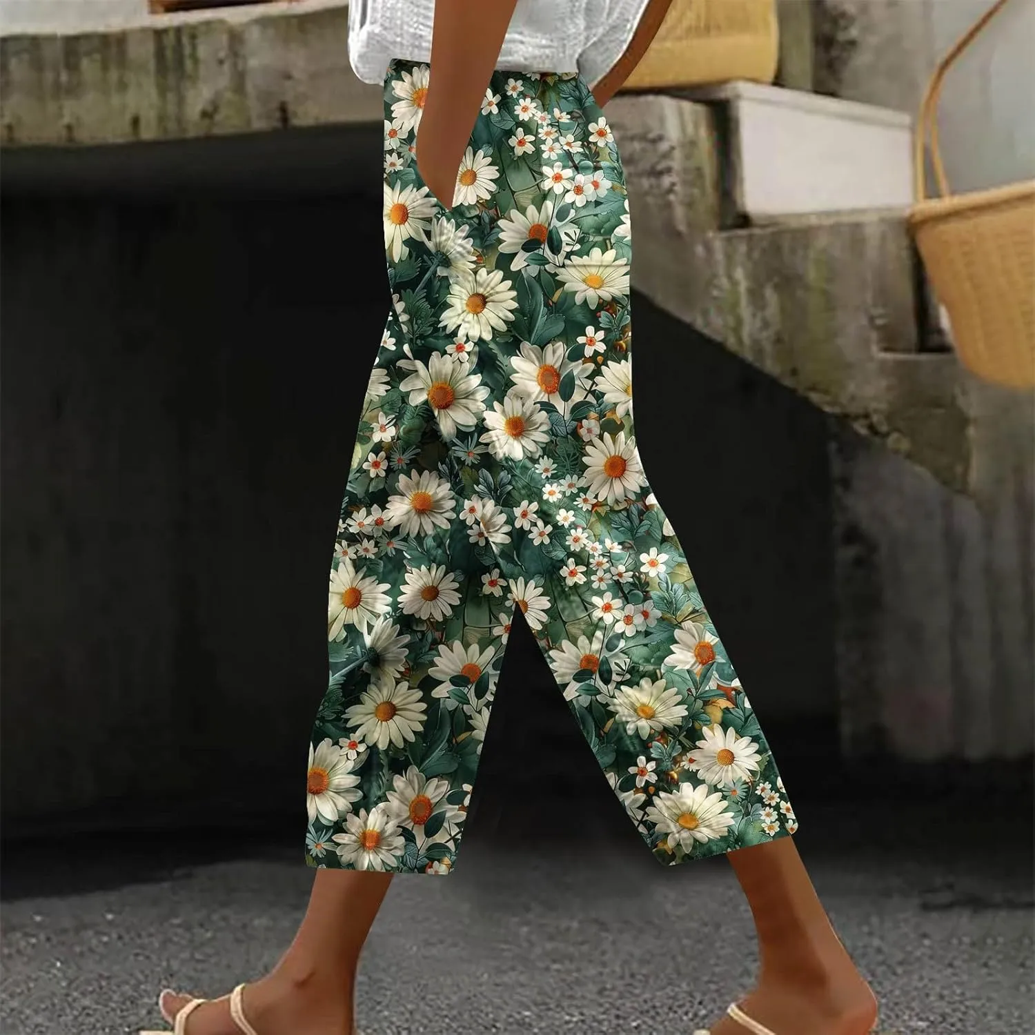 Linen Pants Women Casual Summer Harlan Pants Lightweight Wide Leg Gradient Color Trousers with Drawstring Pockets