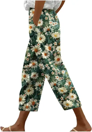 Linen Pants Women Casual Summer Harlan Pants Lightweight Wide Leg Gradient Color Trousers with Drawstring Pockets