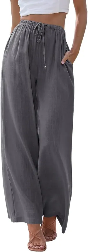 Linen Pants Women Casual Wide Leg Pants Flowy Palazzo Pants Drawstring Waisted Pants with Pockets Beach Trousers