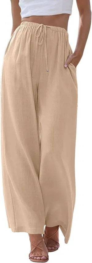 Linen Pants Women Casual Wide Leg Pants Flowy Palazzo Pants Drawstring Waisted Pants with Pockets Beach Trousers