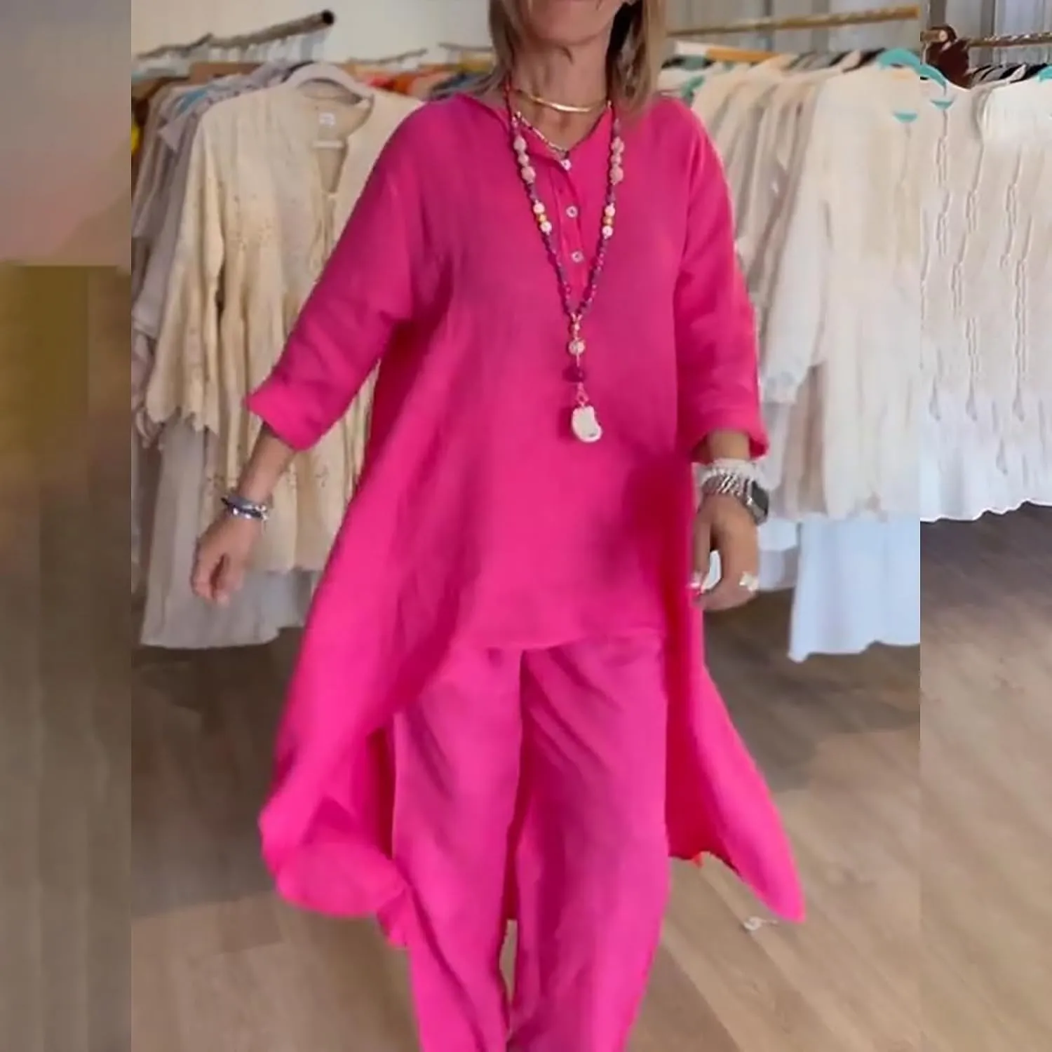 Linen Sets for Women 2 Piece Summer Linen Suit Pants Two Piece Long Sleeve Maxi Dress Wide Leg Pant Set Outfits