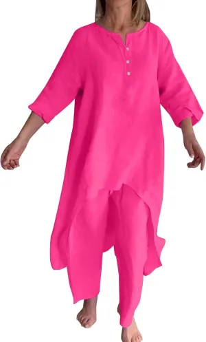 Linen Sets for Women 2 Piece Summer Linen Suit Pants Two Piece Long Sleeve Maxi Dress Wide Leg Pant Set Outfits