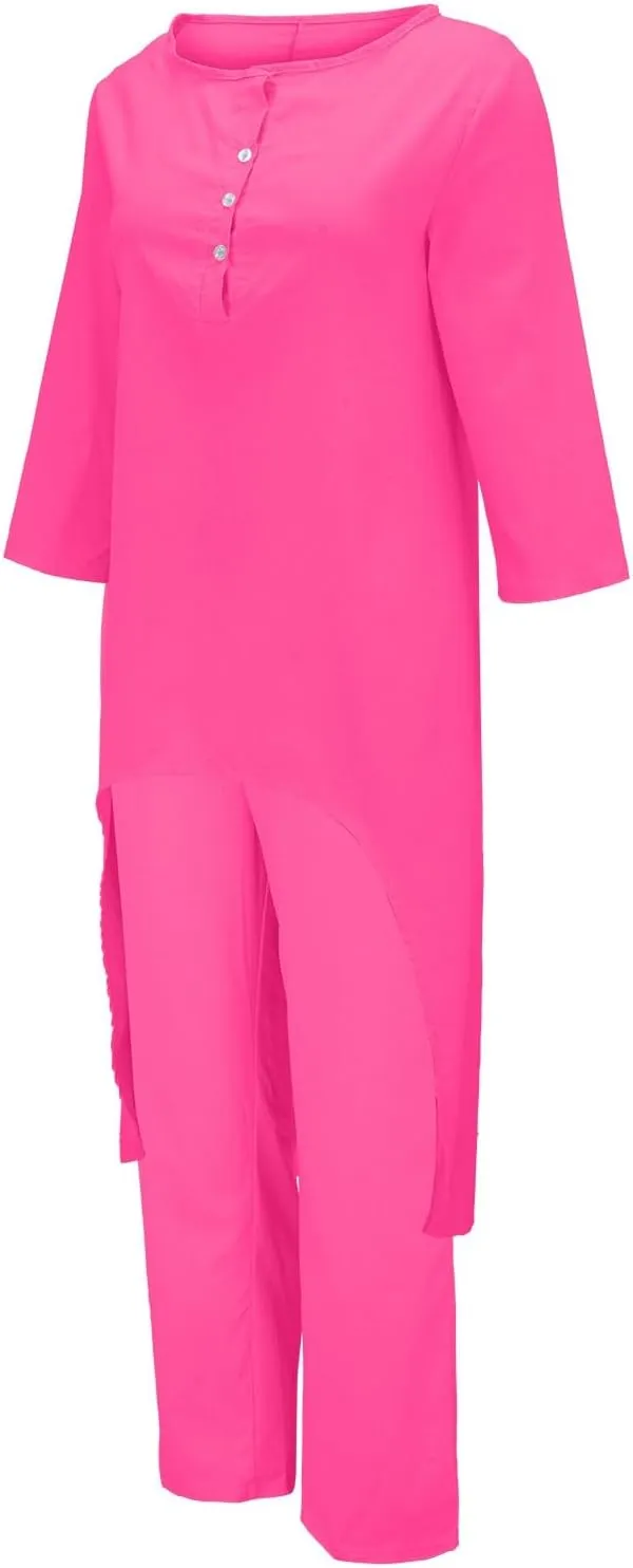 Linen Sets for Women 2 Piece Summer Linen Suit Pants Two Piece Long Sleeve Maxi Dress Wide Leg Pant Set Outfits