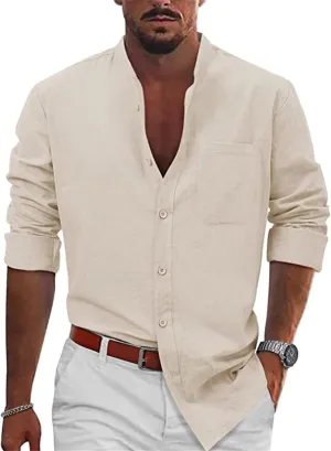 Linen Shirts for Men Business Dress T-Shirts Casual Button Shirts Stand Collar Beach Tees Long Sleeve Summer Tops