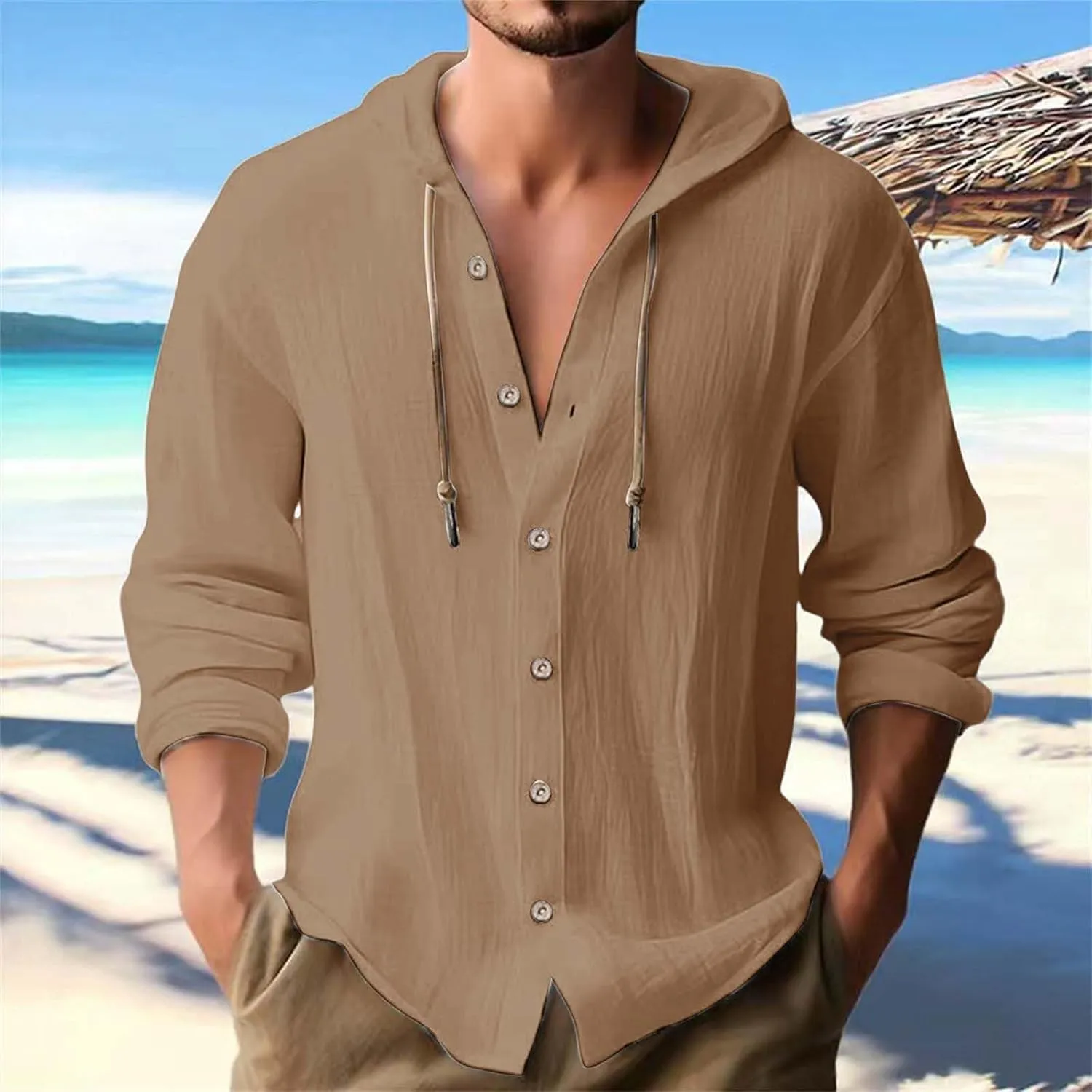 Linen Shirts for Men Casual Button Shirts Summer Cotton Linen Hoodie Beach Long Sleeve Shirts Top with Hood