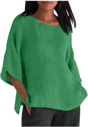 Linen Shirts for Women 3/4 Sleeve Loose Fit Summer Tops Plus Size Crew Neck Blouse Casual Cotton Linen T Shirts