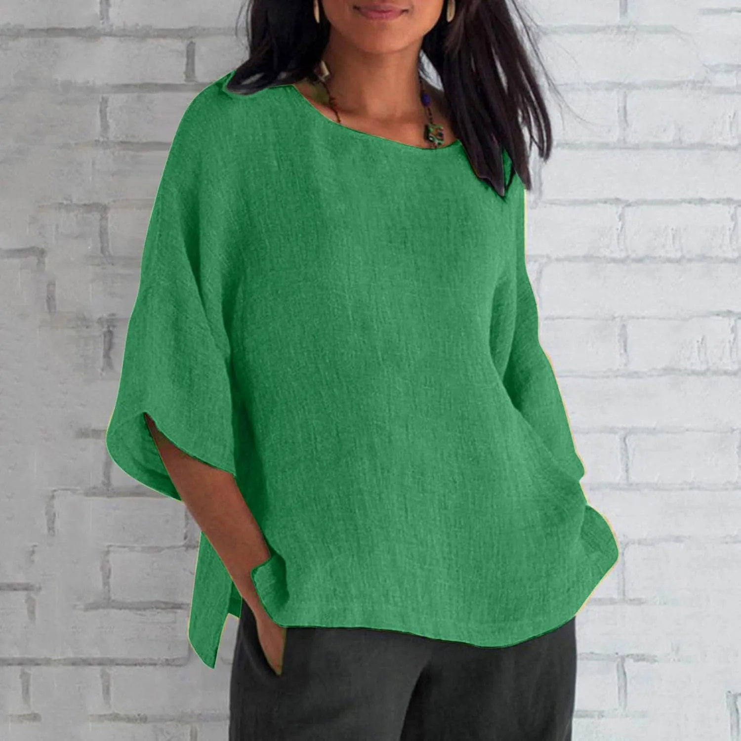 Linen Shirts for Women 3/4 Sleeve Loose Fit Summer Tops Plus Size Crew Neck Blouse Casual Cotton Linen T Shirts