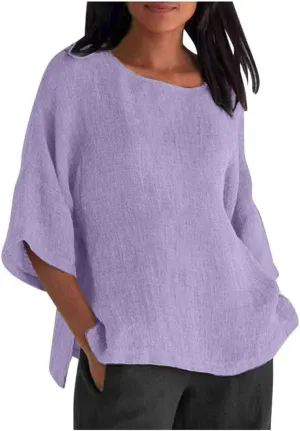 Linen Shirts for Women 3/4 Sleeve Solid Color Tops Summer Casual Round Neck Pullover Blouse Ladies Tunic Basic Tees