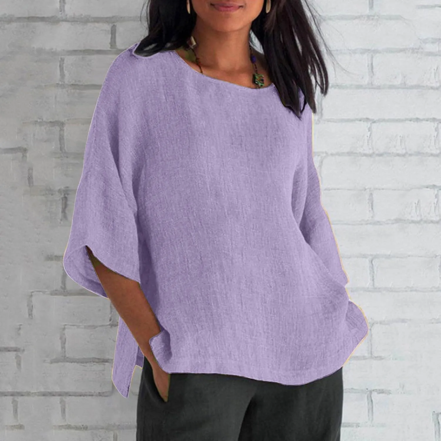 Linen Shirts for Women 3/4 Sleeve Solid Color Tops Summer Casual Round Neck Pullover Blouse Ladies Tunic Basic Tees