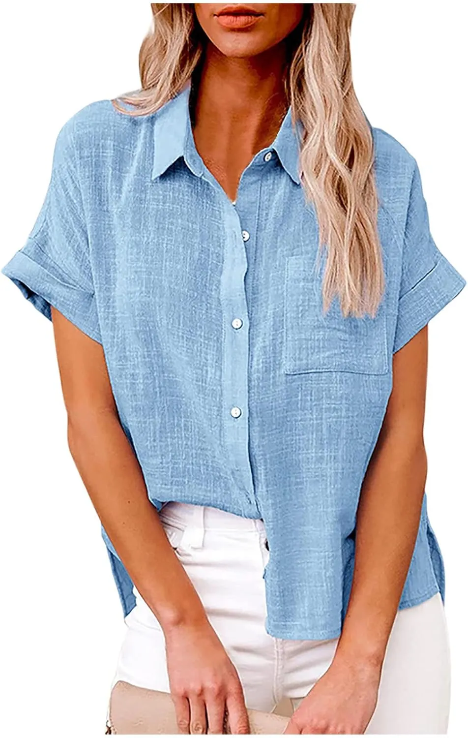 Linen Shirts for Women Loose Fit Casual Summer 2023 Roll Up Shorts Sleeve Button Down Tops Work Office Business Blouses