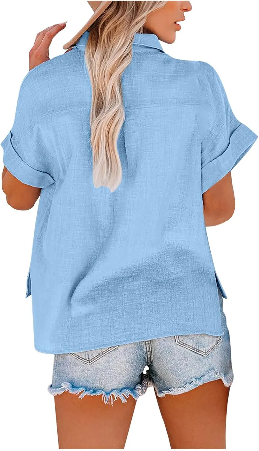 Linen Shirts for Women Loose Fit Casual Summer 2023 Roll Up Shorts Sleeve Button Down Tops Work Office Business Blouses