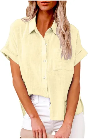Linen Shirts for Women Loose Fit Casual Summer 2023 Roll Up Shorts Sleeve Button Down Tops Work Office Business Blouses