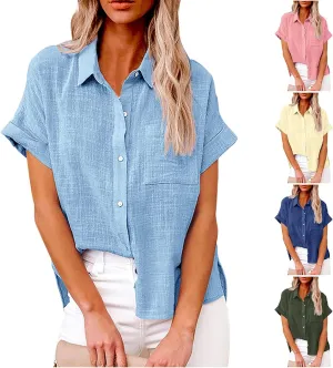 Linen Shirts for Women Loose Fit Casual Summer 2023 Roll Up Shorts Sleeve Button Down Tops Work Office Business Blouses