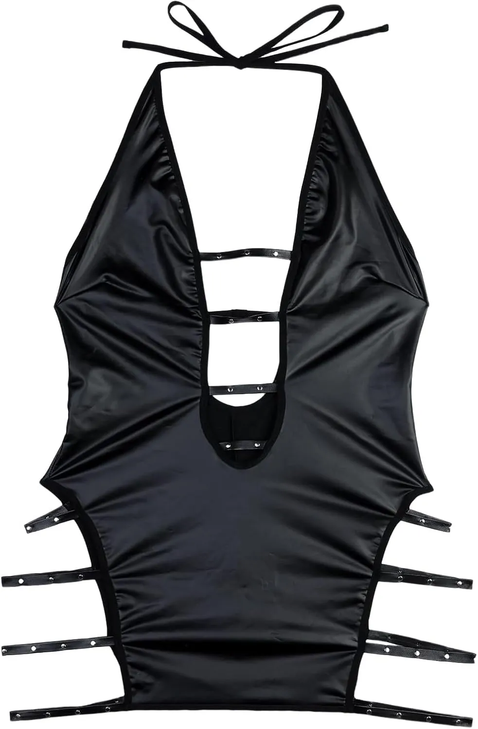 Lingerie Set for Women Sexy Naughty Teddies Patent Leather Bodysuit Halter Neck Open Front Backless Lace Up Nightwear