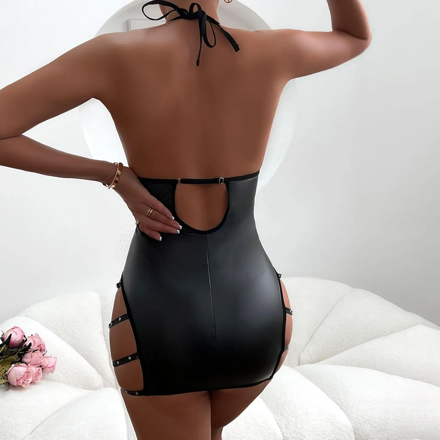 Lingerie Set for Women Sexy Naughty Teddies Patent Leather Bodysuit Halter Neck Open Front Backless Lace Up Nightwear