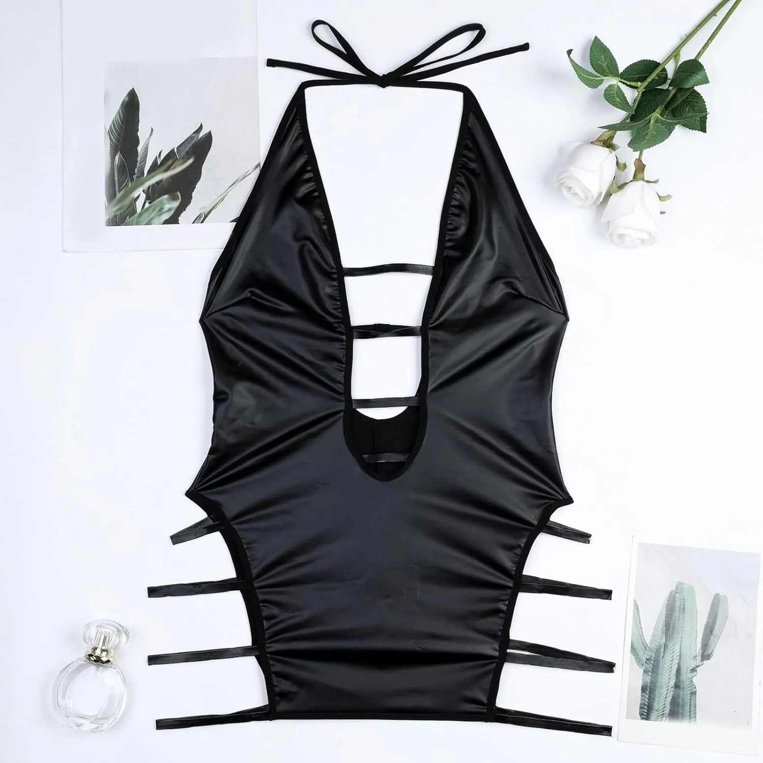 Lingerie Set for Women Sexy Naughty Teddies Patent Leather Bodysuit Halter Neck Open Front Backless Lace Up Nightwear