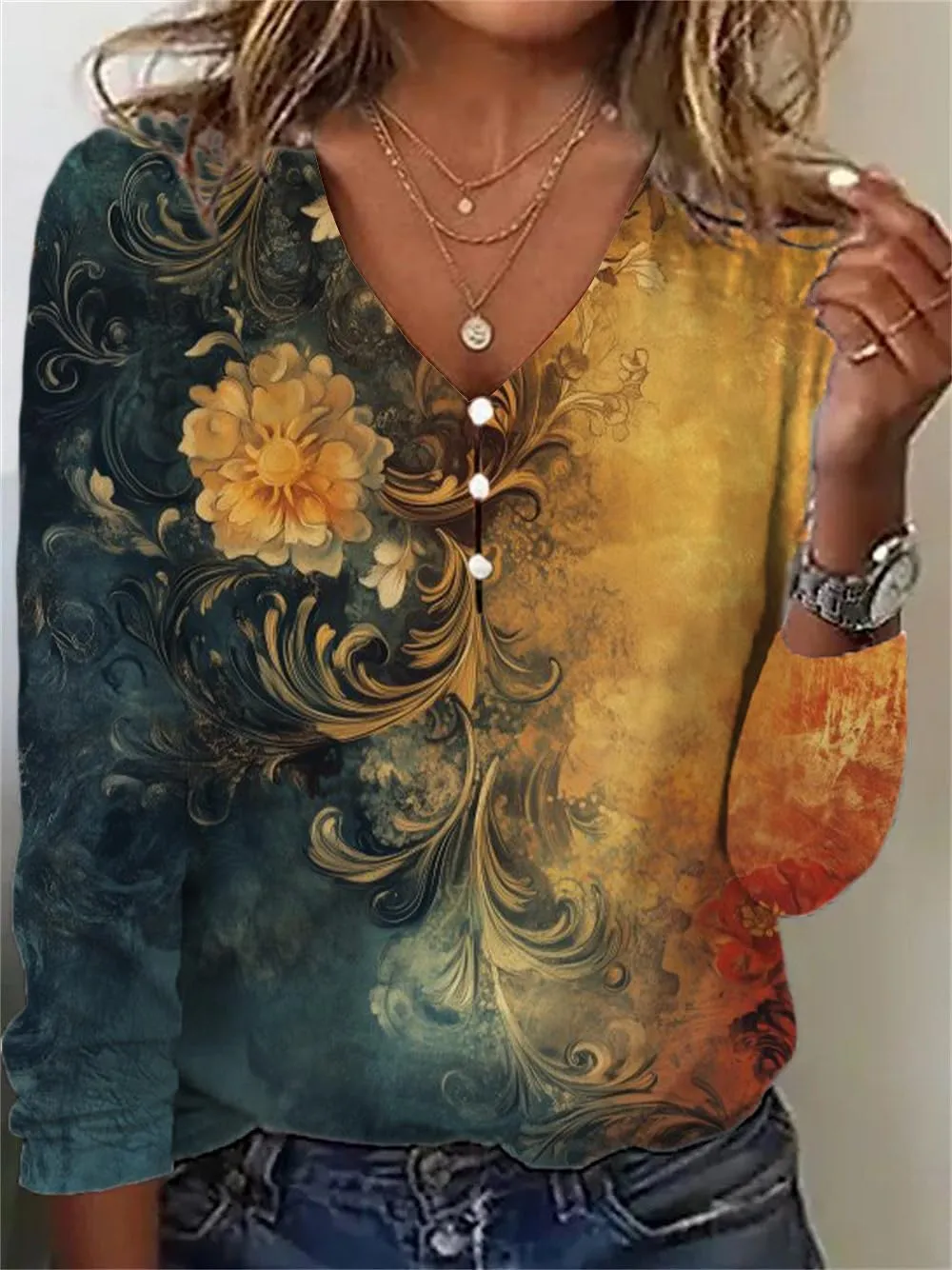 Long Sleeve Shirts for Women Boho Floral Print V Neck Dressy Casual Summer Blouses Vintage Tunic Tops