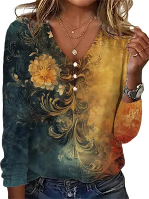 Long Sleeve Shirts for Women Boho Floral Print V Neck Dressy Casual Summer Blouses Vintage Tunic Tops