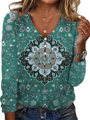 Long Sleeve Shirts for Women Boho Floral Print V Neck Dressy Casual Summer Blouses Vintage Tunic Tops