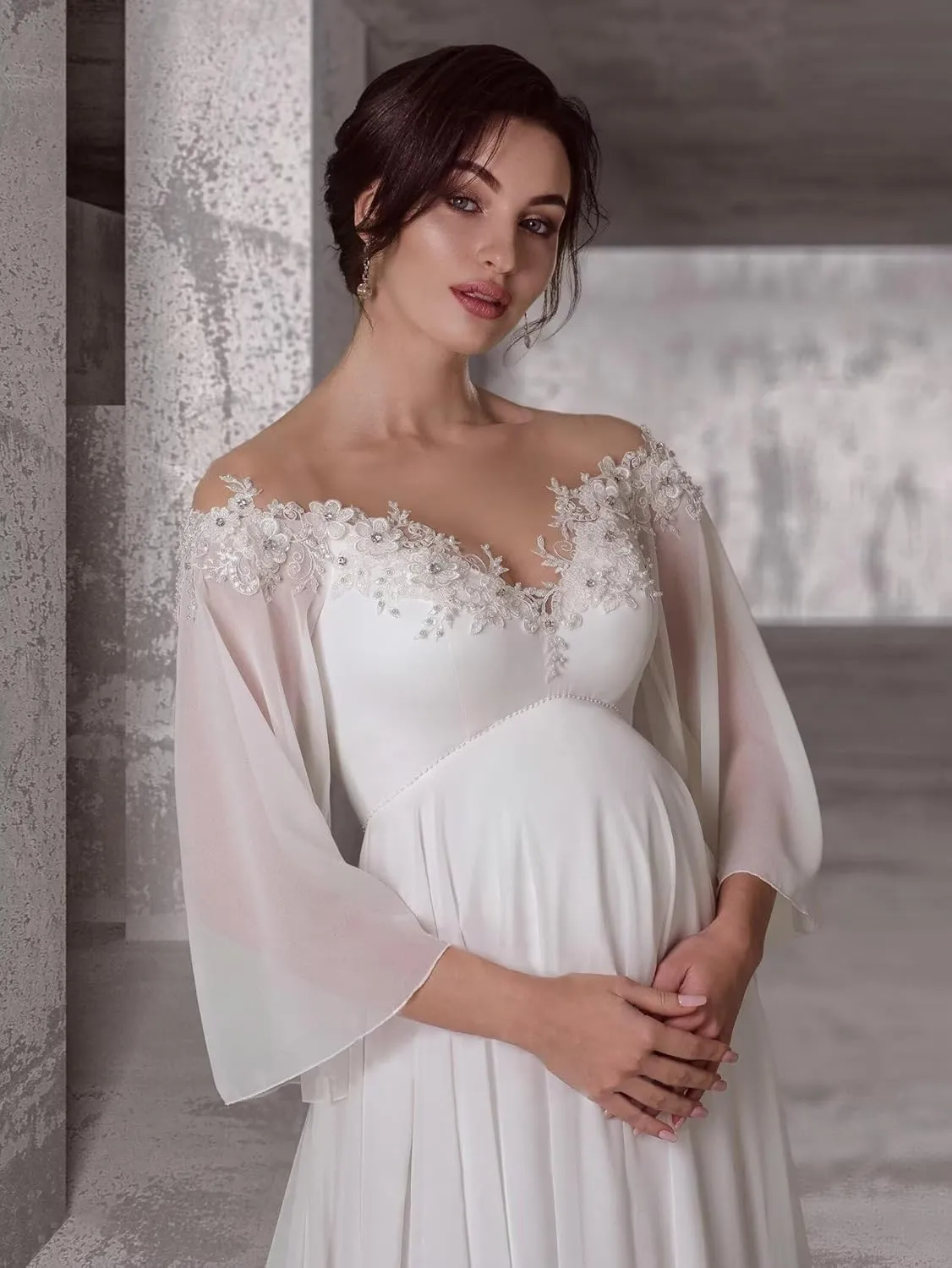 Long Sleeves Maternity Dresses for Wedding Off Shoulder A Line Chiffon Pregnancy Gowns for Baby Shower Photoshoot