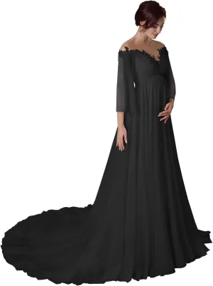 Long Sleeves Maternity Dresses for Wedding Off Shoulder A Line Chiffon Pregnancy Gowns for Baby Shower Photoshoot