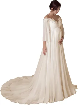 Long Sleeves Maternity Dresses for Wedding Off Shoulder A Line Chiffon Pregnancy Gowns for Baby Shower Photoshoot