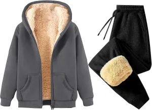 Lounge Sets for Women 2 Piece Fleece Sherpa Lined Sweatsuits Winter Warm Thick Hoodie Jogger Two Piece Tracksuit