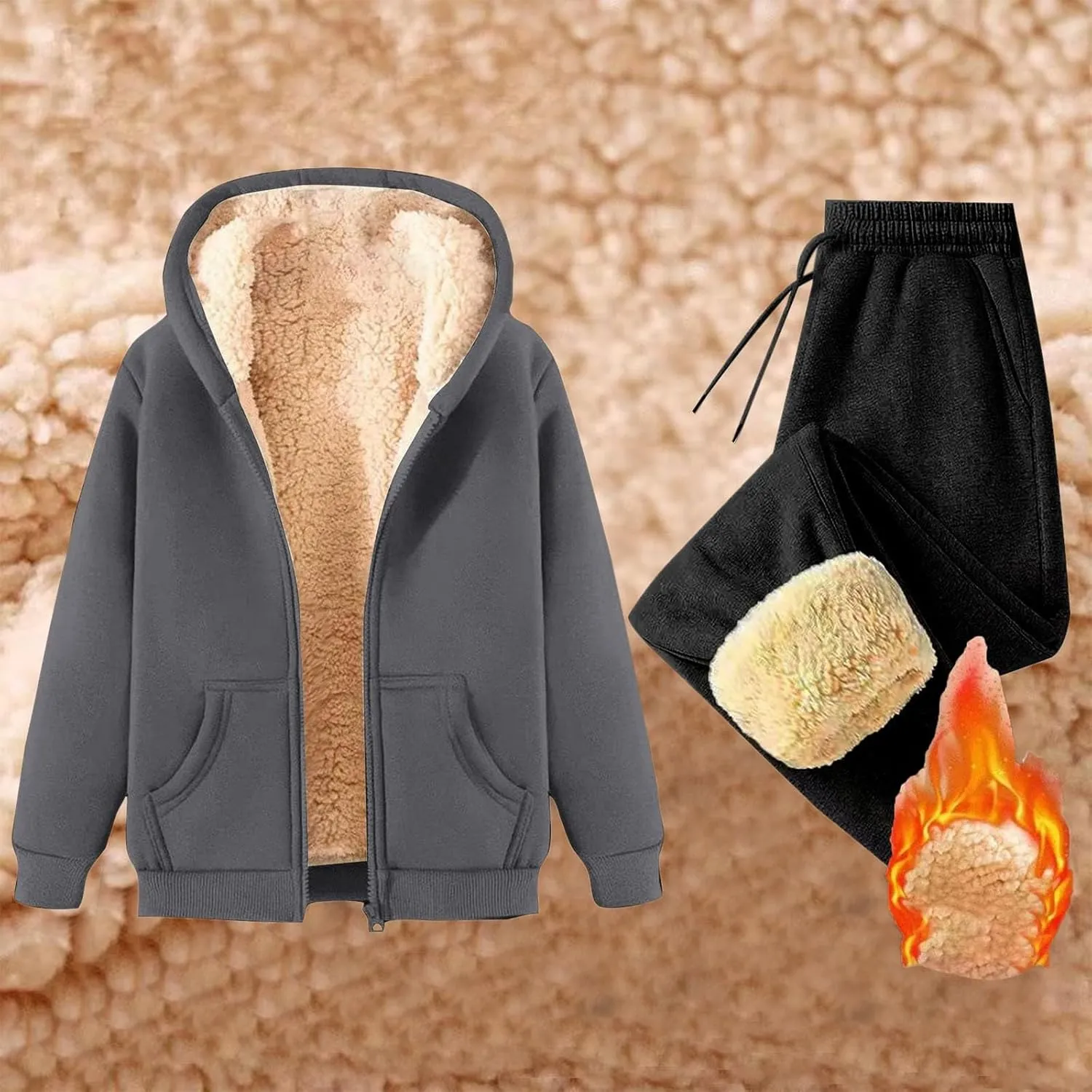 Lounge Sets for Women 2 Piece Fleece Sherpa Lined Sweatsuits Winter Warm Thick Hoodie Jogger Two Piece Tracksuit