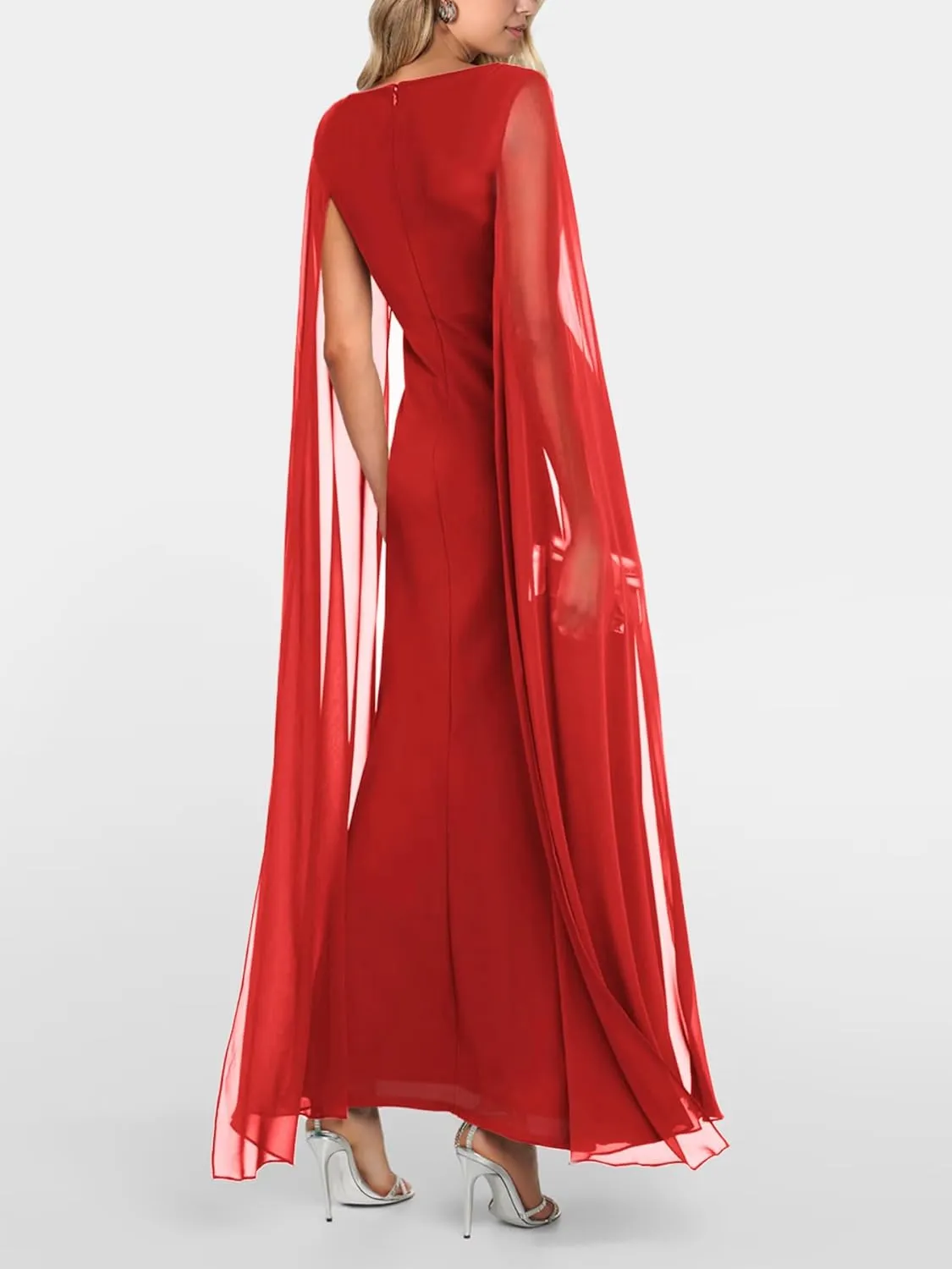 Lrady Women's Formal Evening Gowns High Split Ruffle Wedding Guest Cape Sleeve Cocktail Party Maxi Dresses