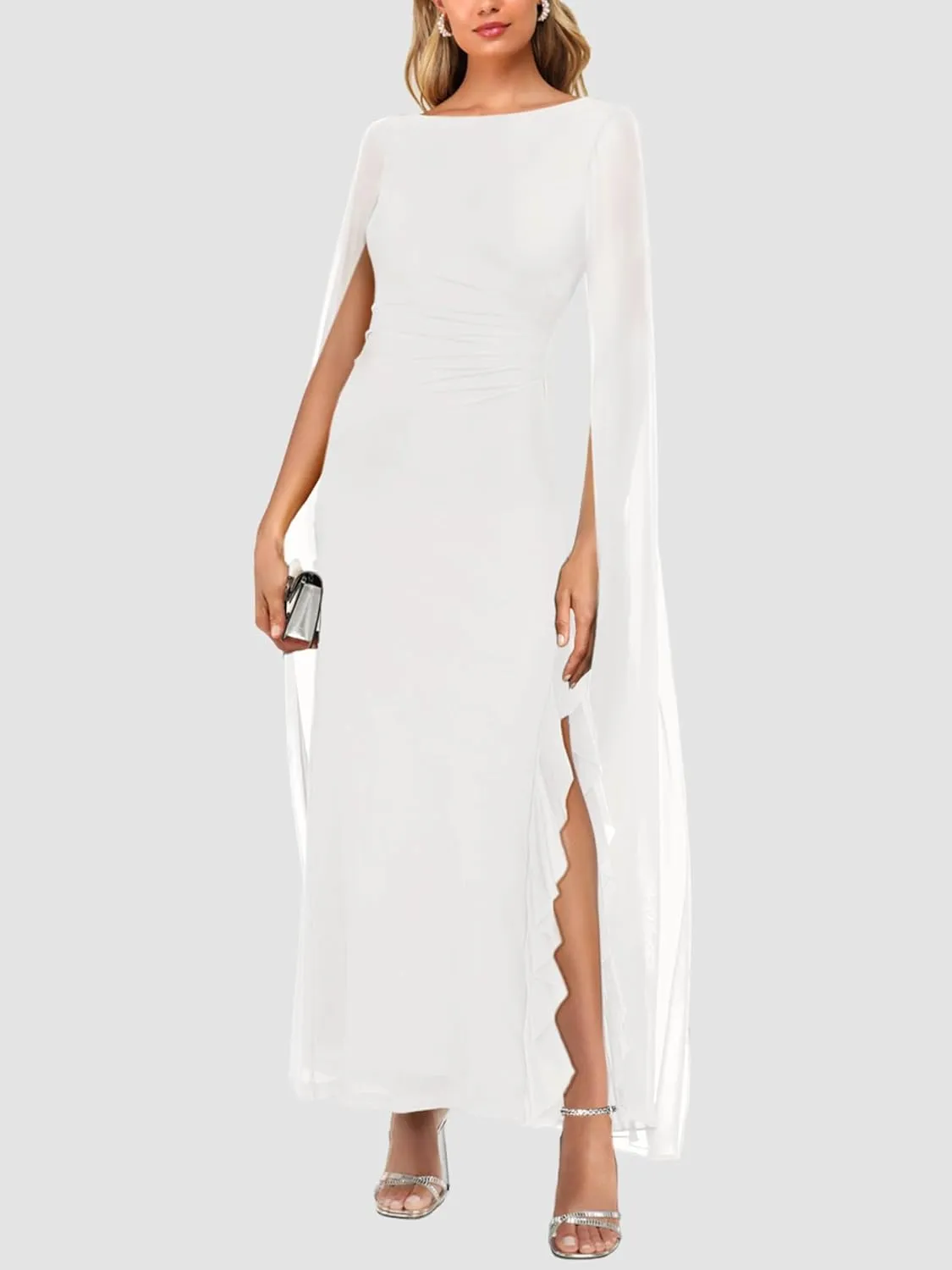 Lrady Women's Formal Evening Gowns High Split Ruffle Wedding Guest Cape Sleeve Cocktail Party Maxi Dresses