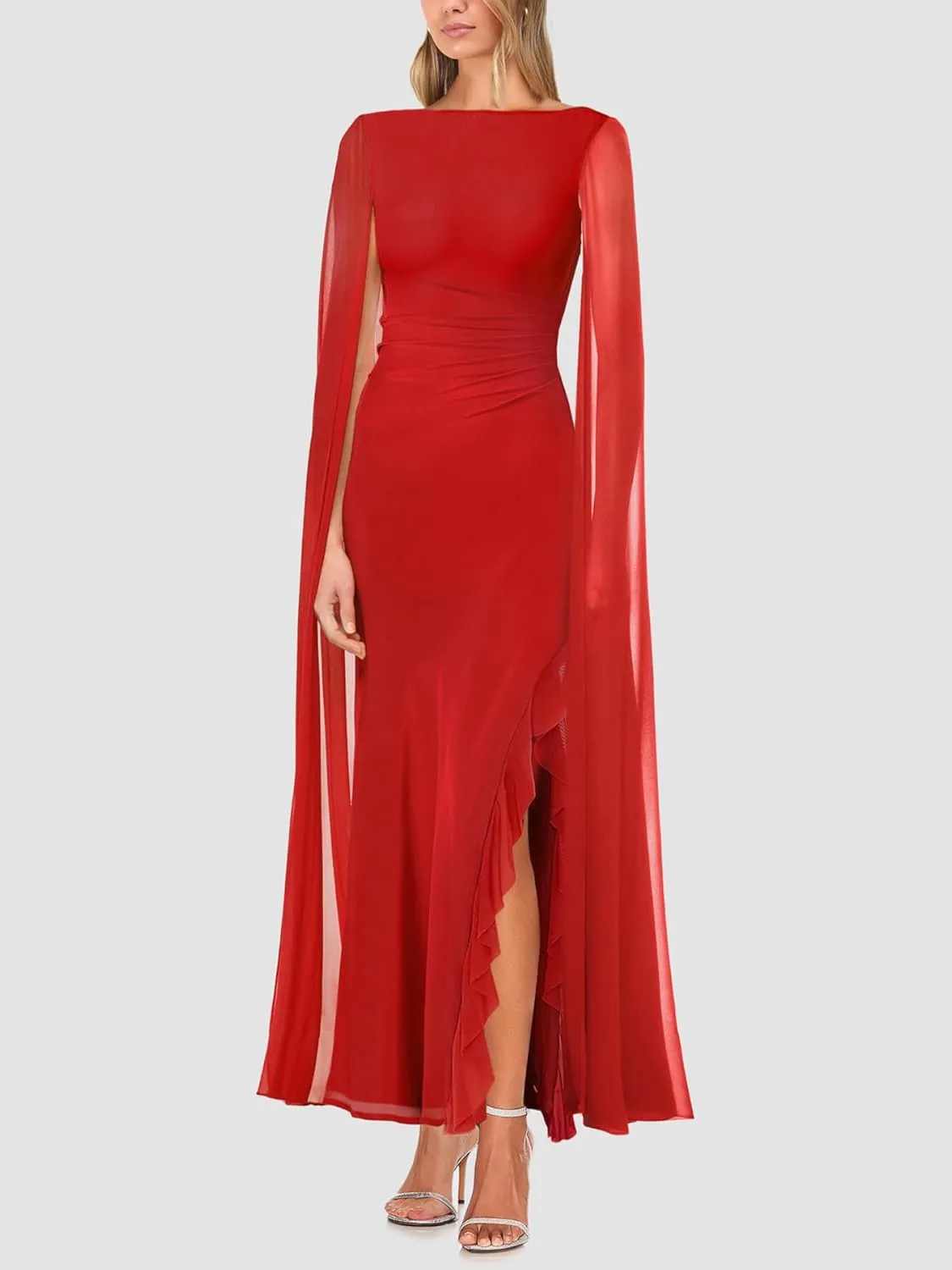 Lrady Women's Formal Evening Gowns High Split Ruffle Wedding Guest Cape Sleeve Cocktail Party Maxi Dresses