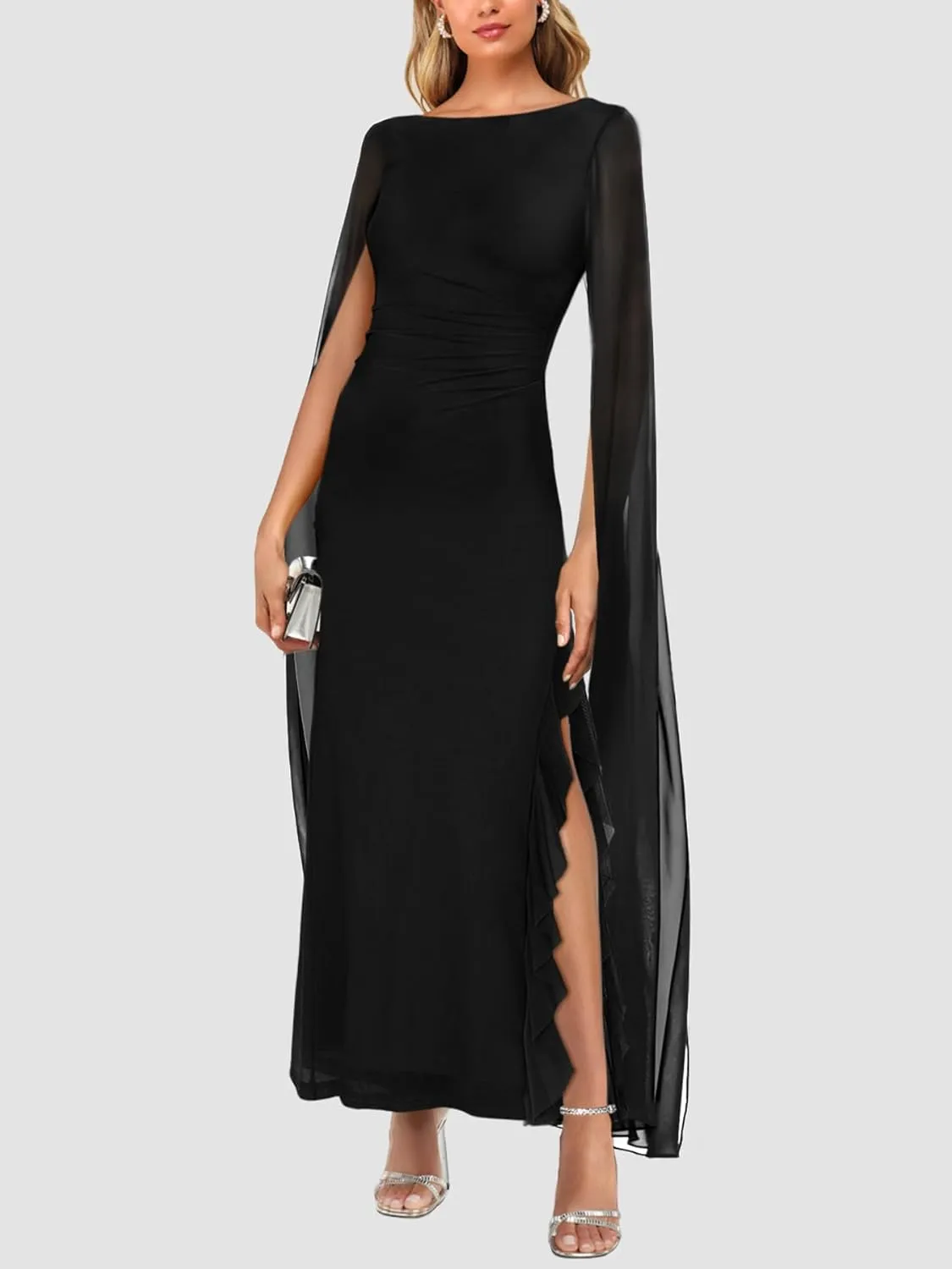 Lrady Women's Formal Evening Gowns High Split Ruffle Wedding Guest Cape Sleeve Cocktail Party Maxi Dresses